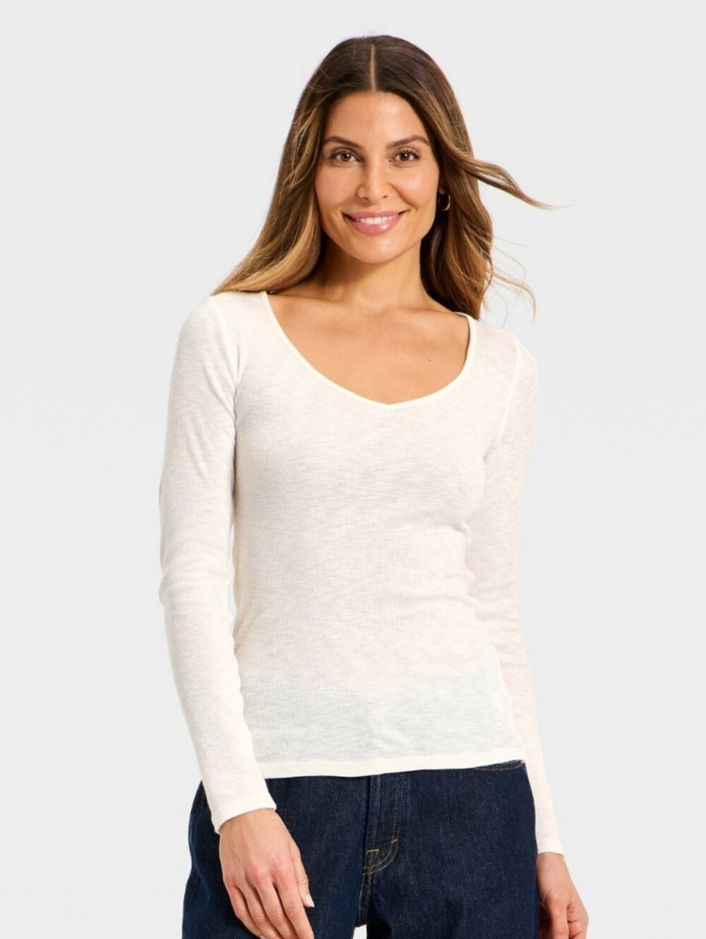 Universal Thread Ribbed Cream V-Neck Long Sleeve Top-XS